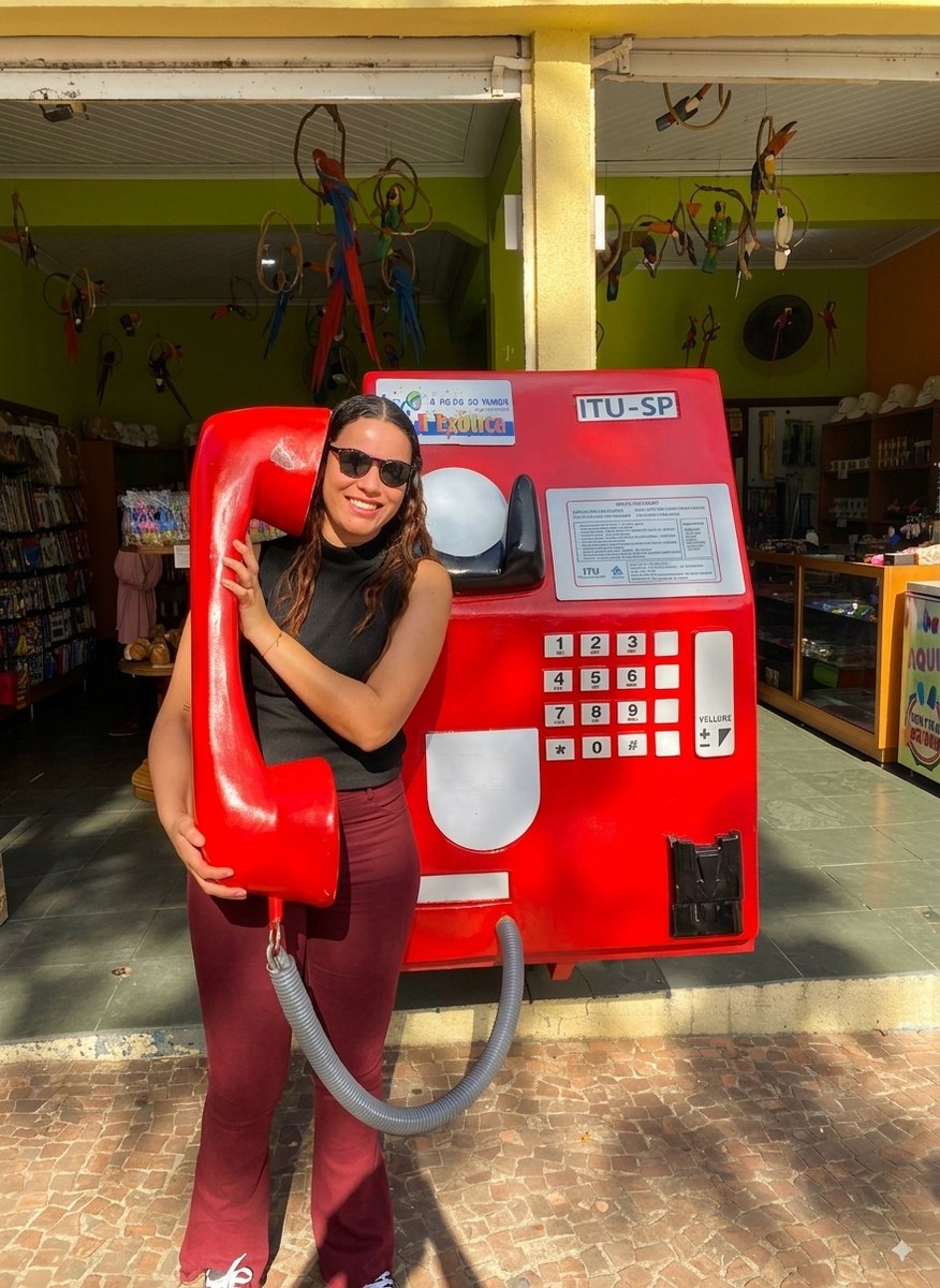 Bianca abraçando um telefone público vermelho