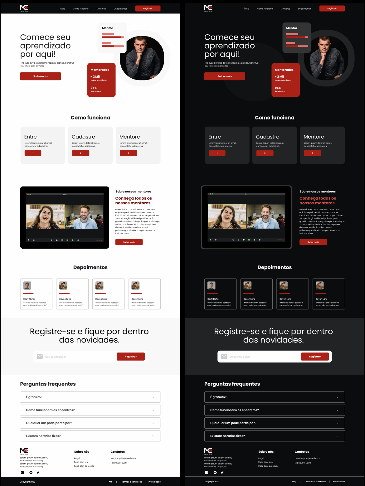 Landing page da Mentor Cycle nas versões clara e escura