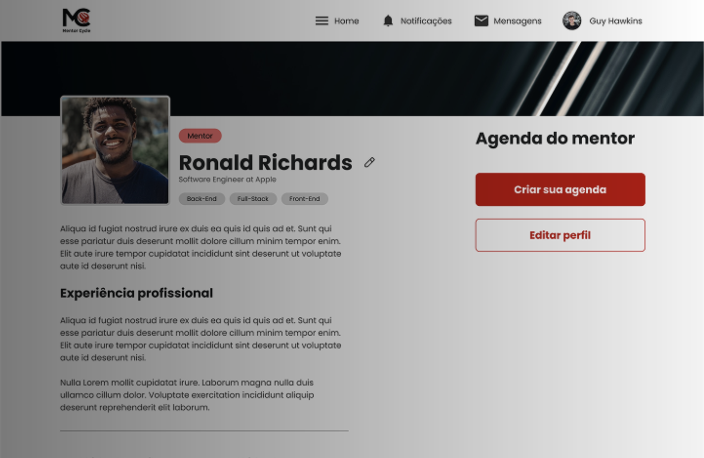 Tela de agenda do mentor na plataforma Mentor Cycle