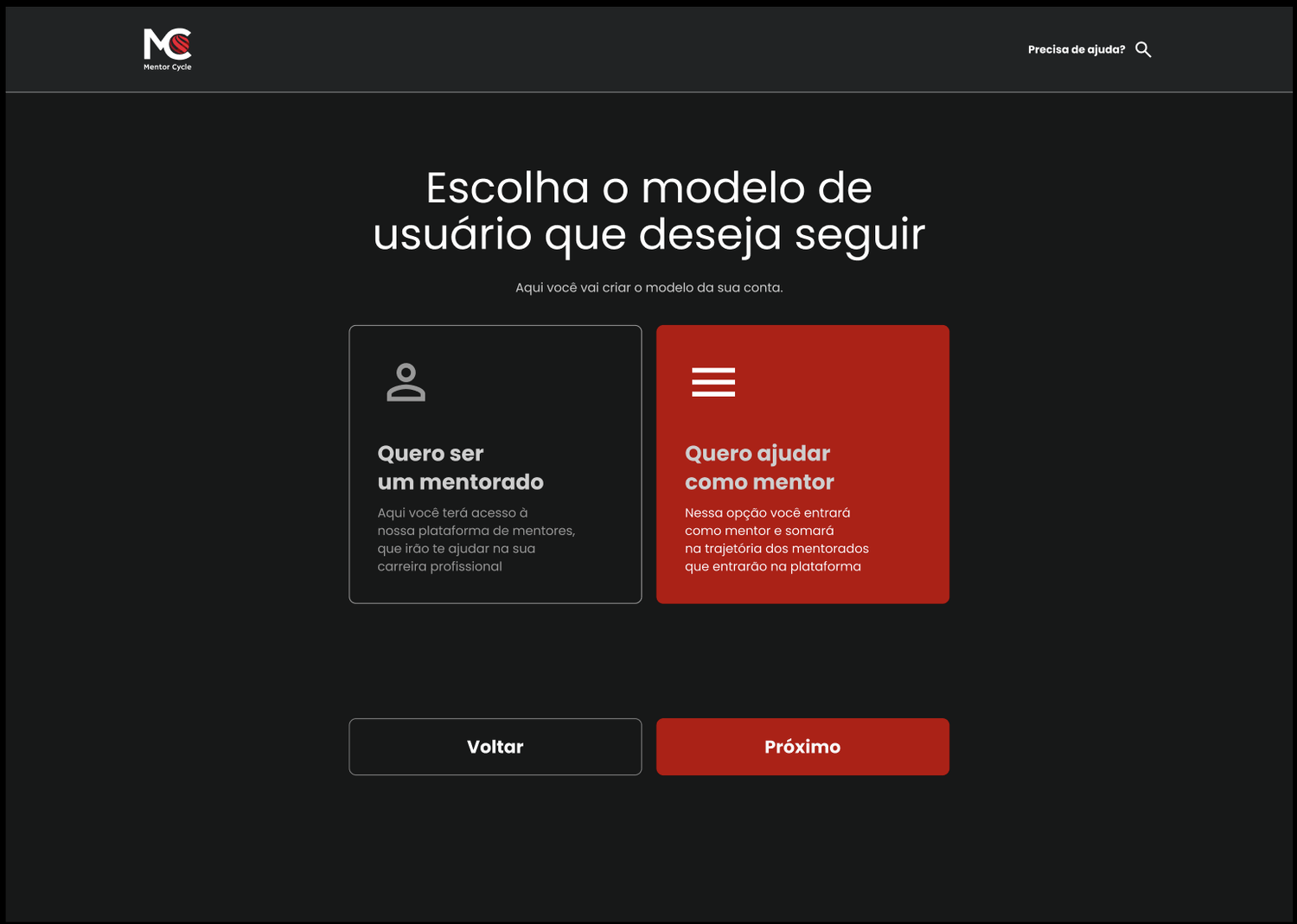 Tela de escolha do modelo de usuário