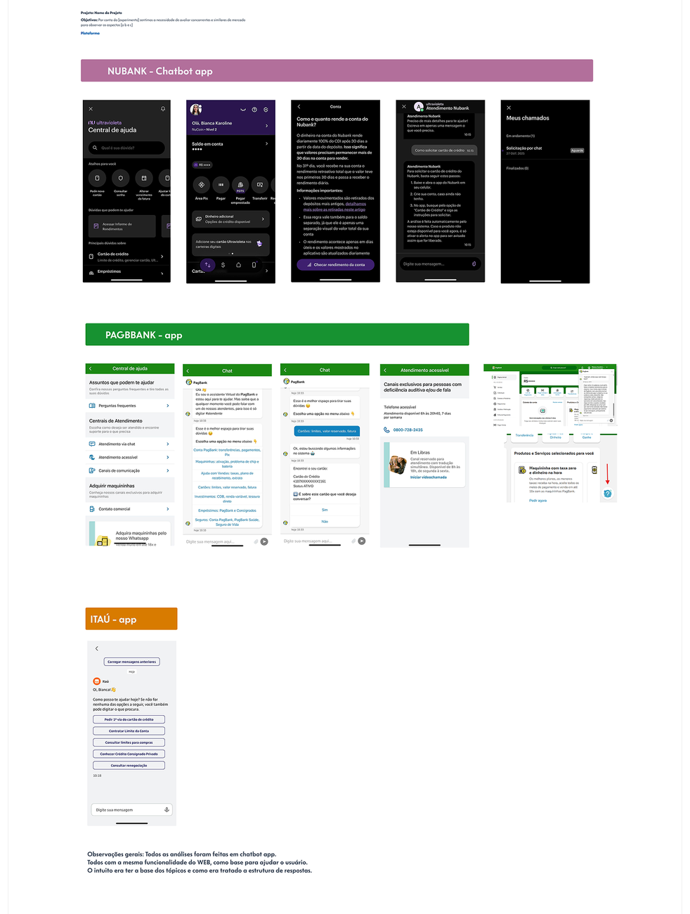 Documento de benchmarking com a análise dos chatbots do Nubank, do PagBank e do próprio banco