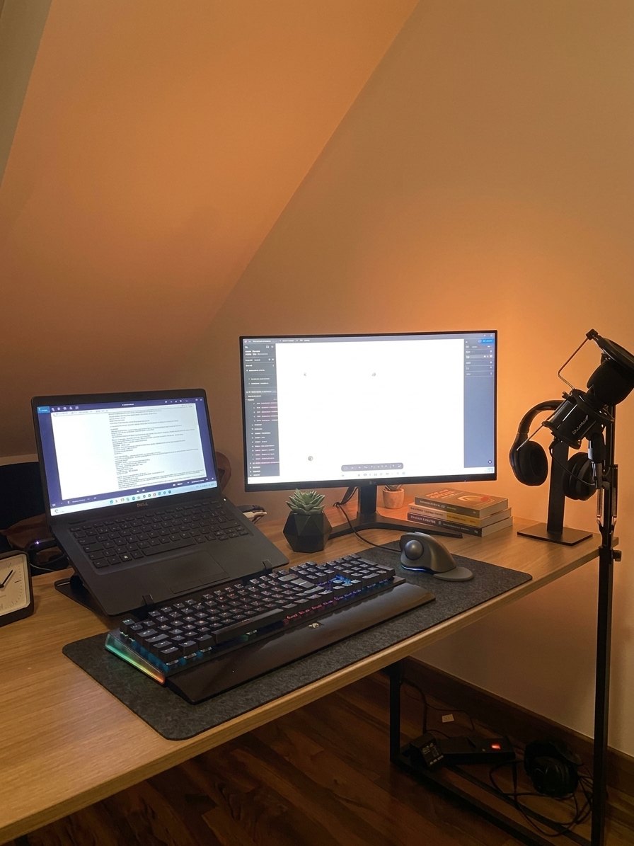 Setup de trabalho de Bianca: notebook, monitor, teclado e microfone